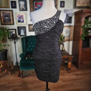 Foreign Exchange Womens One Shoulder Sequin Ruched Mini Dress Black Small
